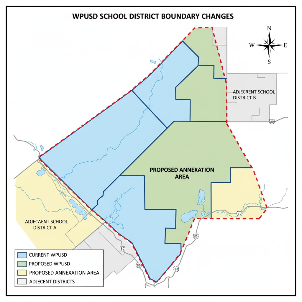 A map with different colors showing the current and proposed WPUSD school district boundaries, highlighting the areas that would be affected. Map of WPUSD school district boundary redrawing impact