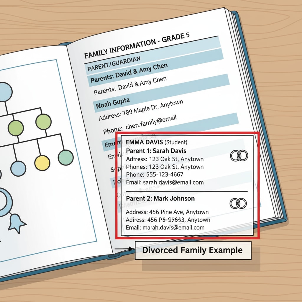 A school directory open to a page with family information, highlighting the details of a divorced family School directory showing sensitive information of a divorced family, indicating privacy breach
