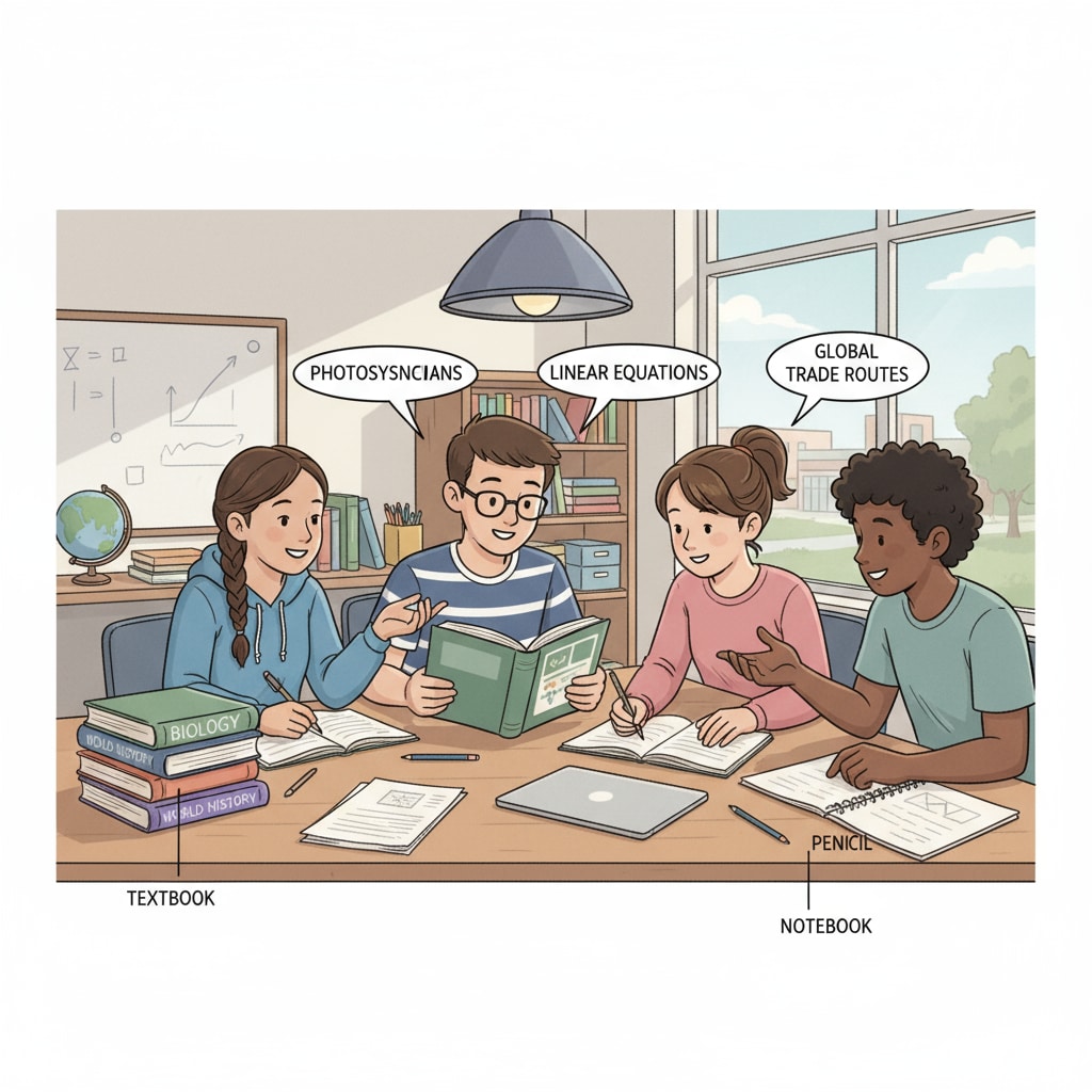 A group of high school students studying together with books and notebooks, showing a positive learning atmosphere High school students studying together for baccalauréat preparation with good time management