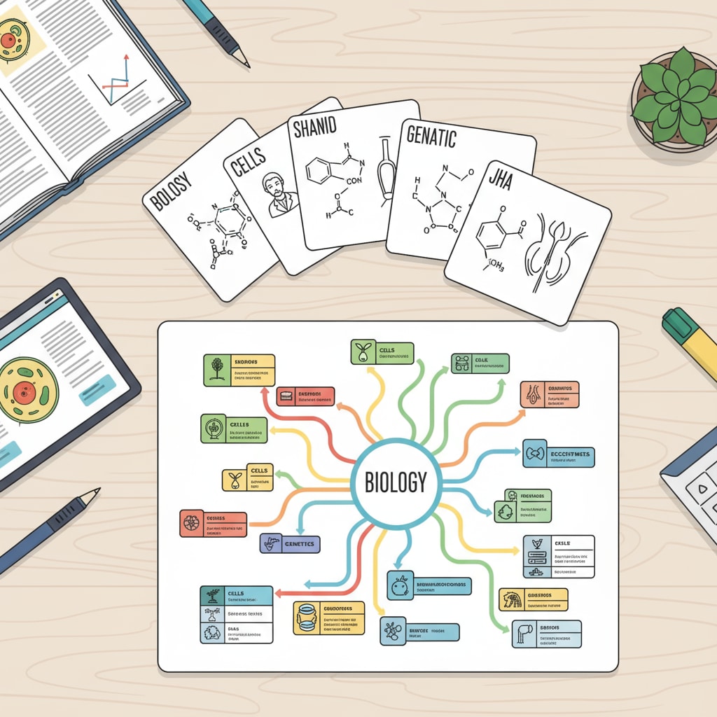 A student using flashcards and a mind map to study, showing organized study materials Student using effective study methods for baccalauréat preparation and time management