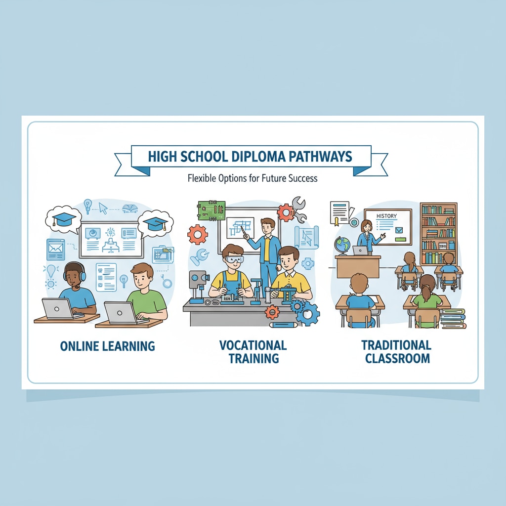 The image depicts students in various educational scenarios, including online learning, vocational training, and traditional classrooms, highlighting the different ways to obtain a high school diploma. Students exploring different high school diploma alternatives such as GED and vocational education.