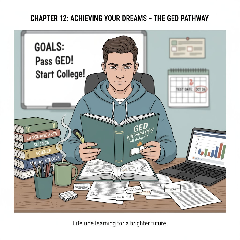 A person is shown concentrating on studying GED materials, symbolizing the pursuit of an alternative high school credential. A person preparing for the GED exam as an alternative to a traditional high school diploma.
