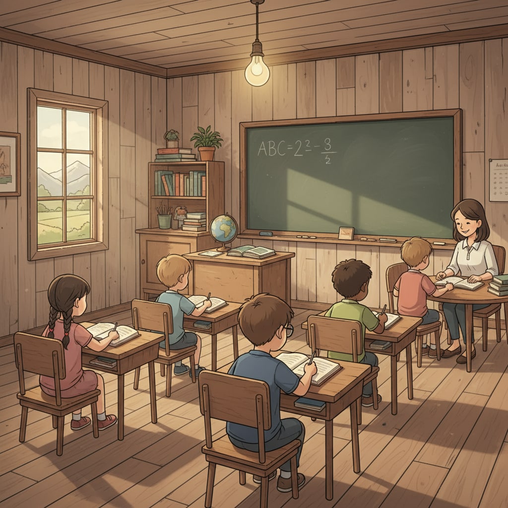 A small classroom in a rural area with basic facilities and students studying attentively. Rural students facing challenges in standardized testing in a limited-resource classroom
