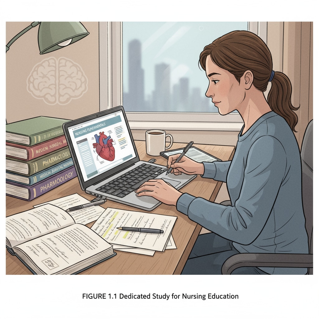 A person sitting at a desk, using a laptop to study nursing courses, with books and notes beside. A student enjoying the flexibility of studying nursing online