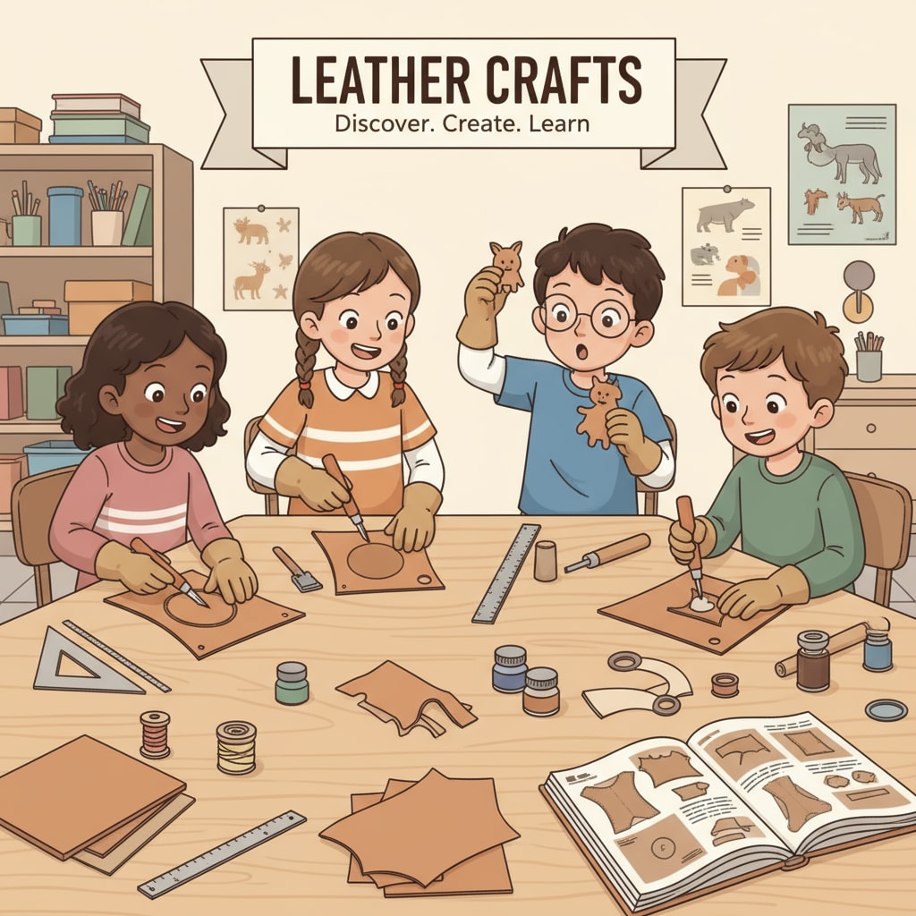 A group of children are sitting around a table, attentively cutting leather pieces. Their faces are filled with excitement as they explore the world of leather crafts. Children engaged in leather craft education, showing their enthusiasm for cutting leather.