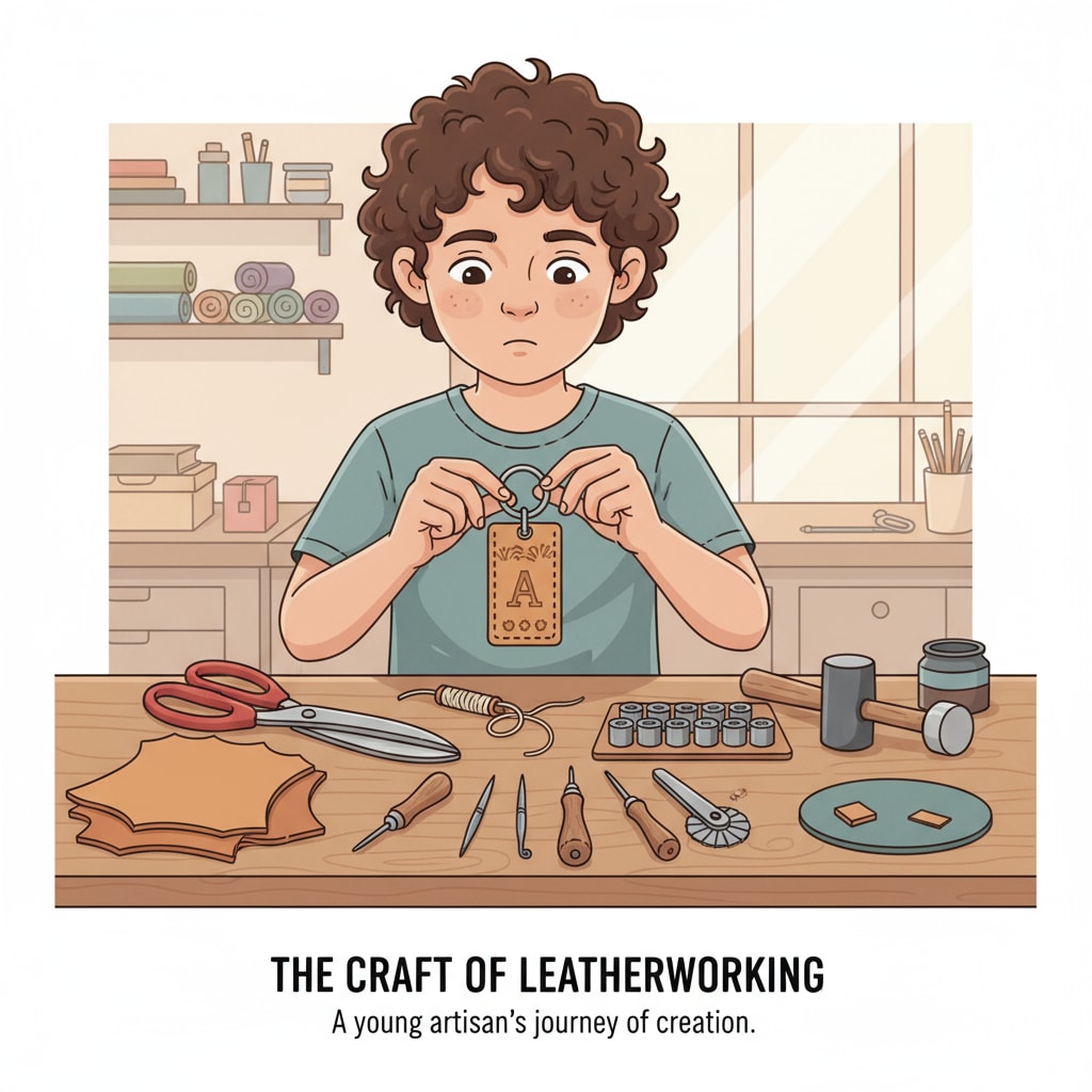 A single child is holding a half-finished leather keychain. There are various leather tools such as scissors, needles, and awls placed beside, indicating the child's creative process. A child involved in leather craft education, in the process of making a leather keychain.