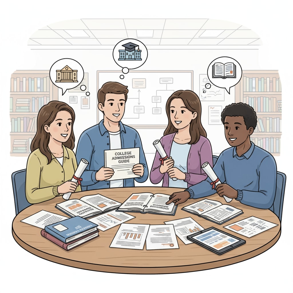 A group of students with GED certificates are engaged in a discussion about their college options, with books and papers about college admissions on the table. GED holders discussing their possibilities of entering four-year colleges