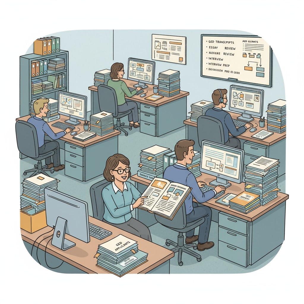 A college admissions office is shown with desks, computers, and stacks of documents related to the admission process of GED holders. College admissions office handling GED admissions documents