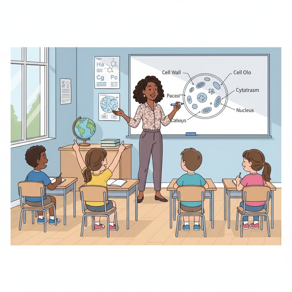 A teacher is standing in front of a classroom, writing on the whiteboard and interacting with students, who are attentively listening and participating. A teacher teaching a class in the context of public education, parent complaints, teacher feedback, and ideological disputes