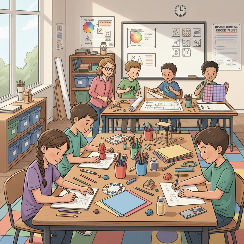 A classroom scene where students in K12 are actively engaged in exploring different design concepts, with various art materials on their desks. K12 students exploring design concepts for future design studies in Turkish English-taught programs