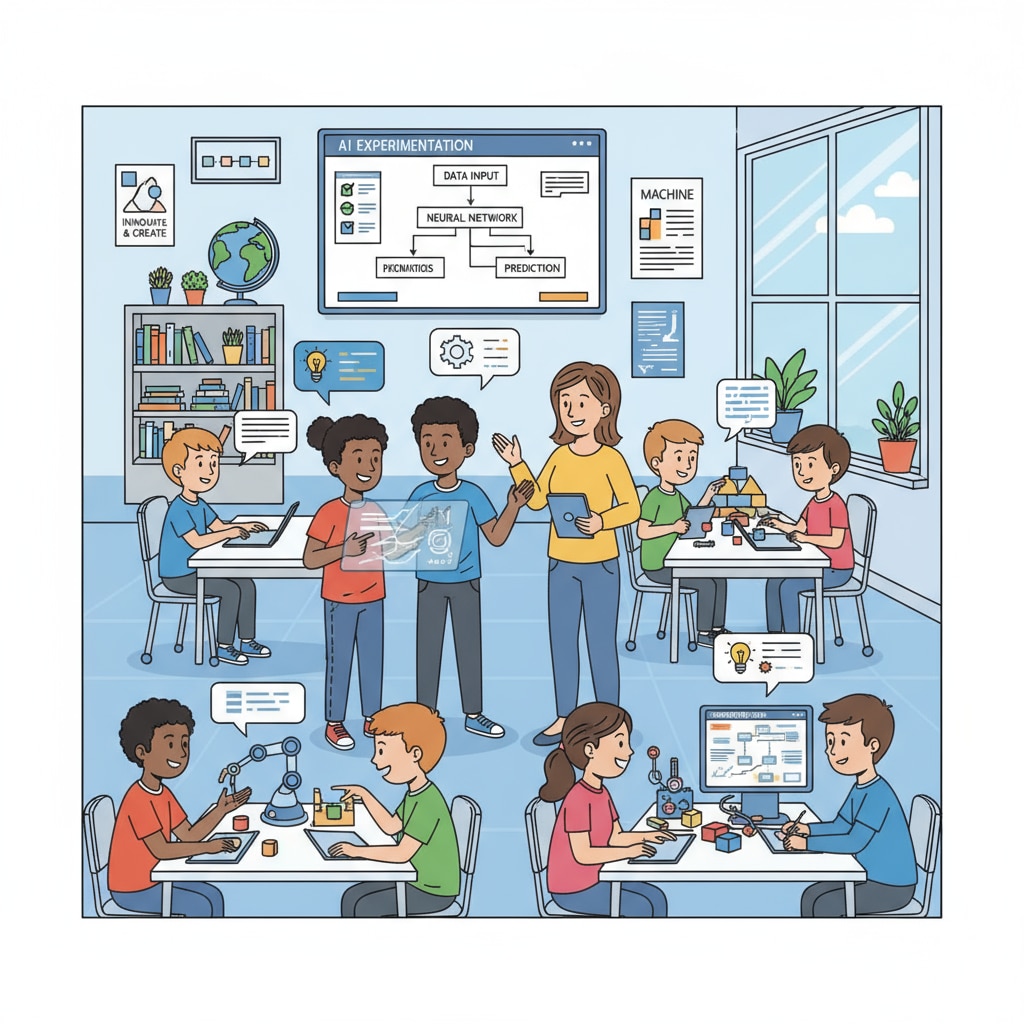 A classroom scene where students are actively participating in an activity related to AI, such as discussing an AI-driven experiment or using AI software. K12 students engaged in artificial intelligence education activities