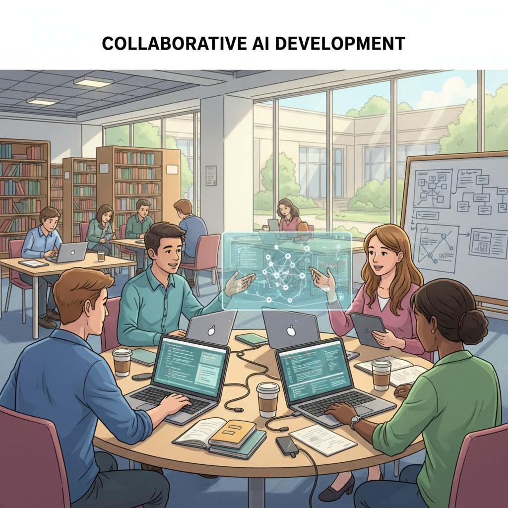A group of students working together on an AI project, with laptops open and collaborating on coding or analyzing data for their AI application. K12 students collaborating on an artificial intelligence project