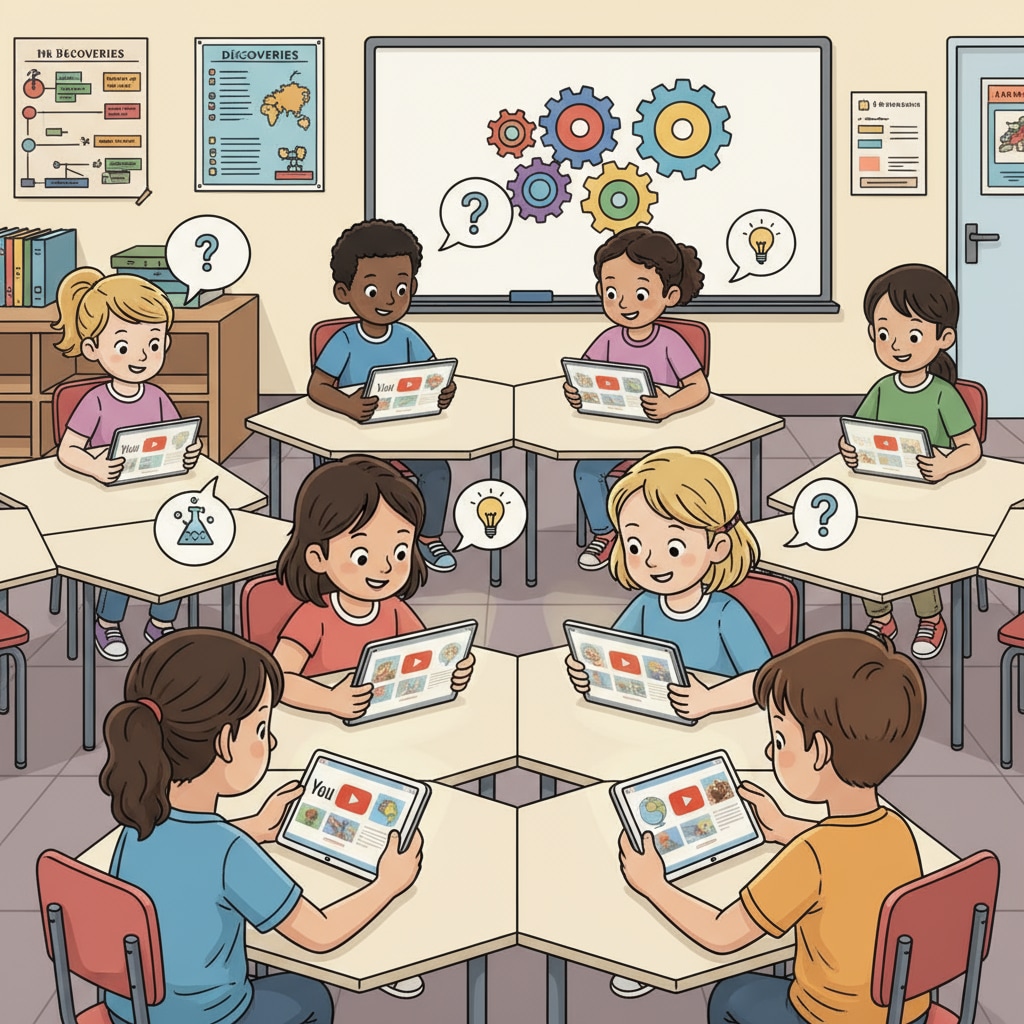 A group of students are sitting in a classroom, watching educational videos on YouTube on their tablets. They look engaged and interested in the content. Students watching YouTube educational videos for K12 learning