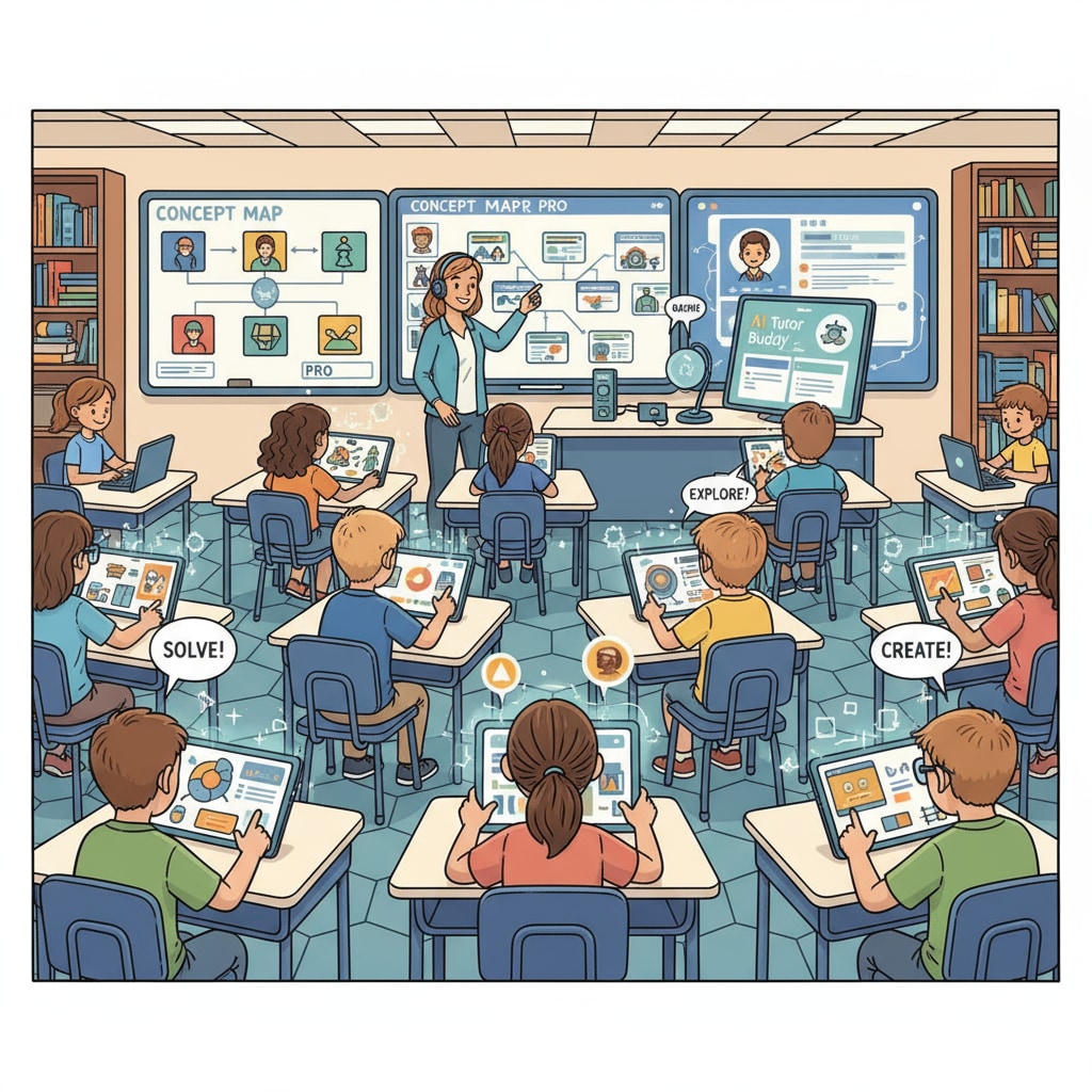 Students are using various AI educational tools such as tablets and software in a classroom, actively engaged in learning. K12 students learning with AI educational tools in a classroom related to AI education lifetime membership and course certification