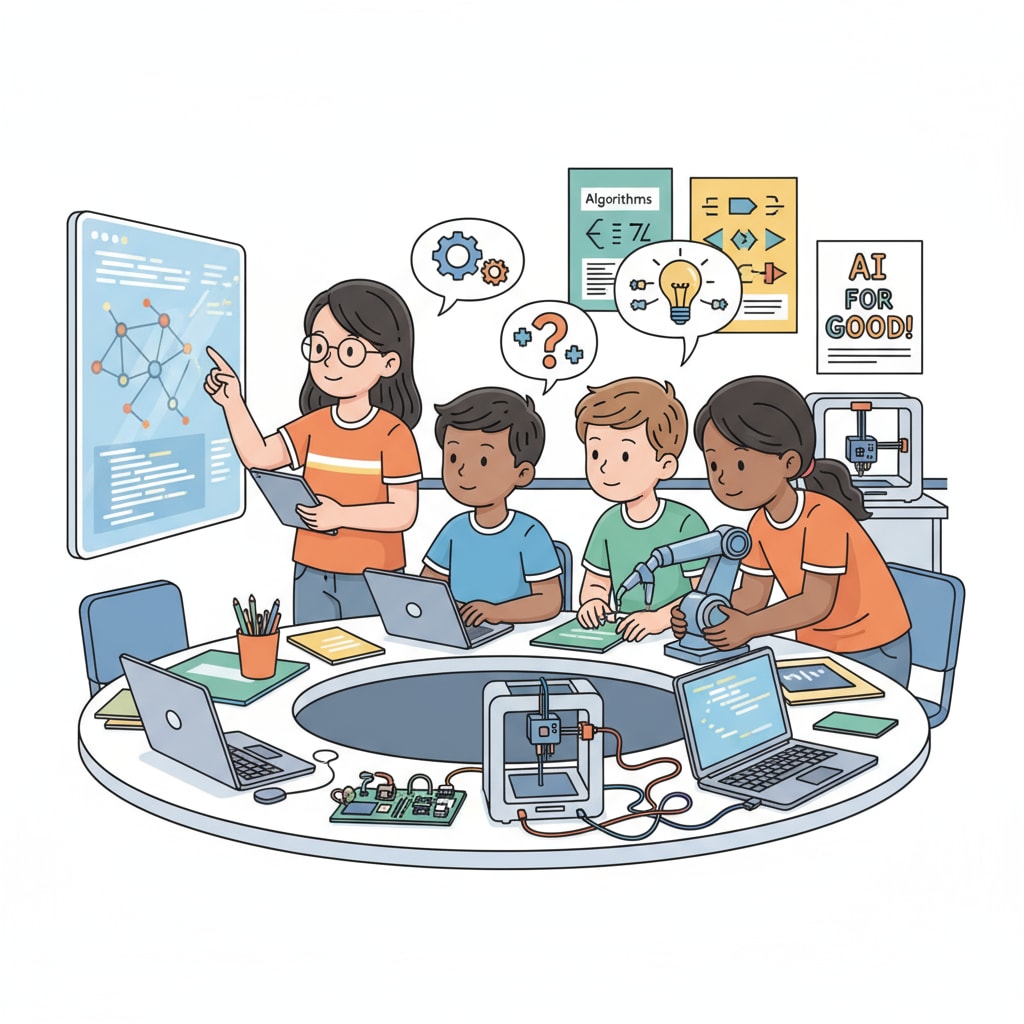 A group of K12 students are working together on an AI project, discussing ideas and programming. K12 students collaborating on an AI project as part of AI education lifetime membership and course certification