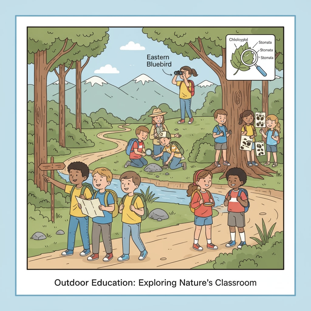 Students are actively participating in various outdoor activities like hiking and nature study during an outdoor education program. Students engaged in outdoor education activities related to school contracts with Camp Ramah