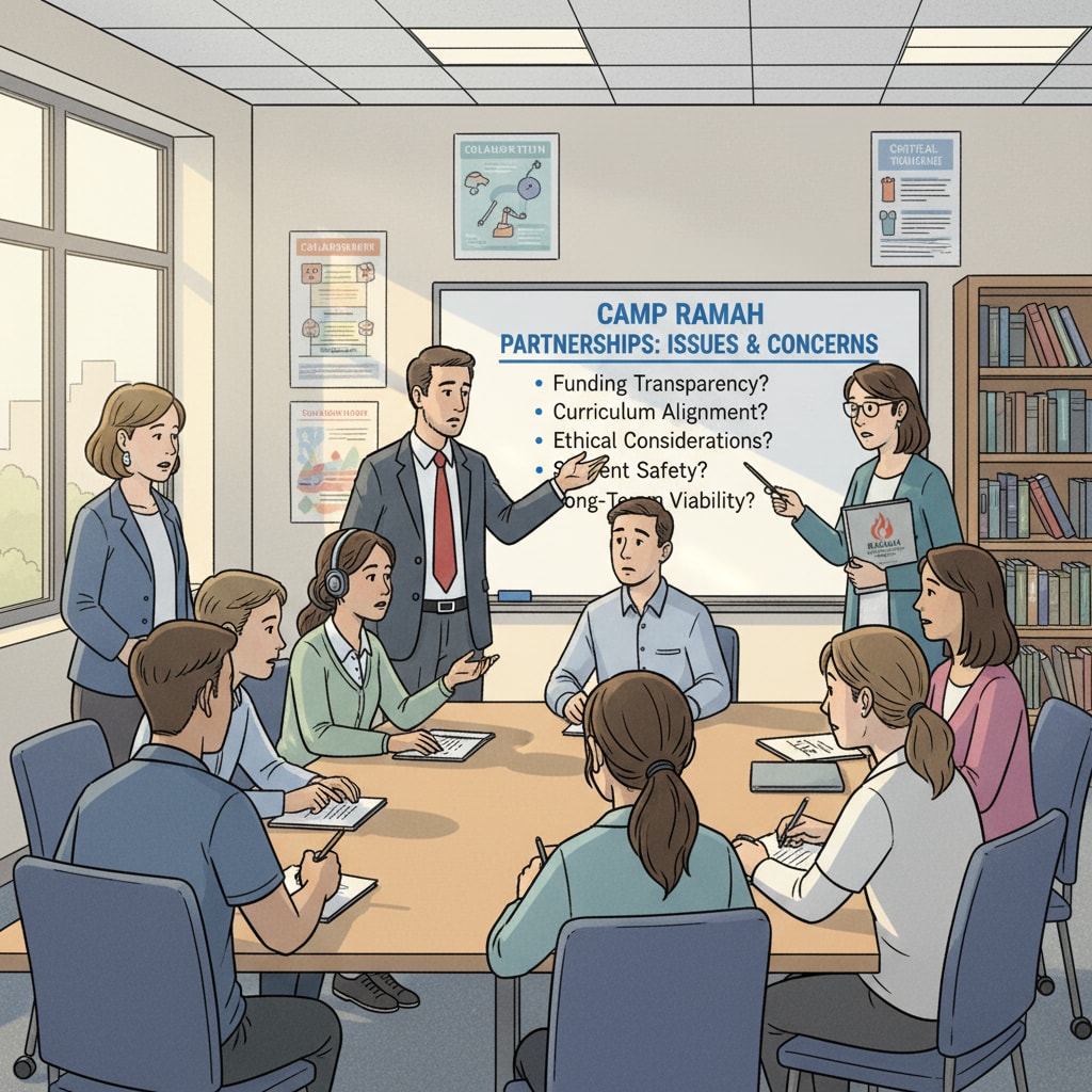 A group of students and teachers are gathered in a classroom, having a serious discussion about the potential issues and concerns regarding partnerships with Camp Ramah. Students and teachers discussing concerns about Camp Ramah partnerships in the context of school contracts and outdoor education