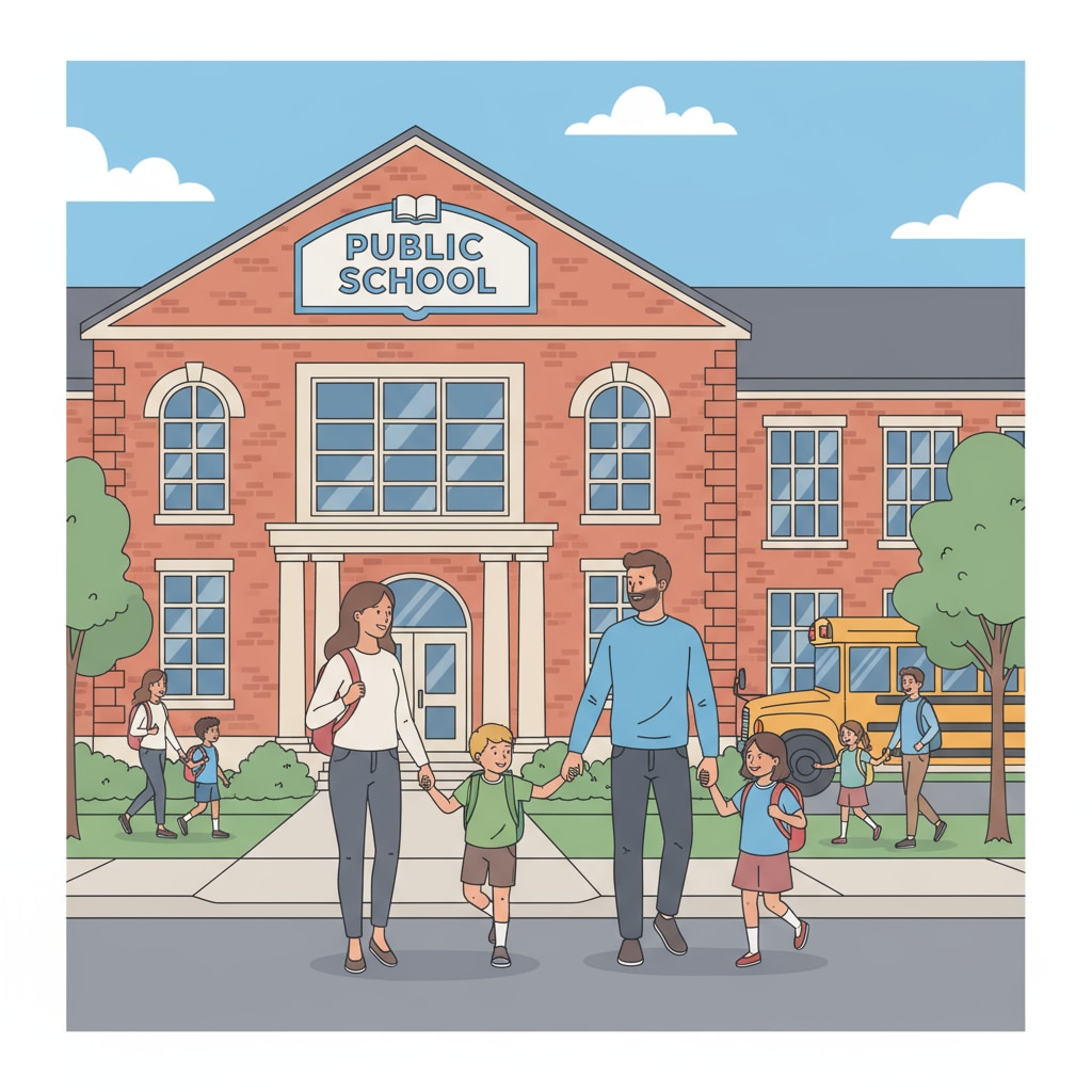 A group of parents and children walking towards a public school building. The building has a sign indicating it's a public school. Parents and children approaching a public school for a visit to make educational choices.