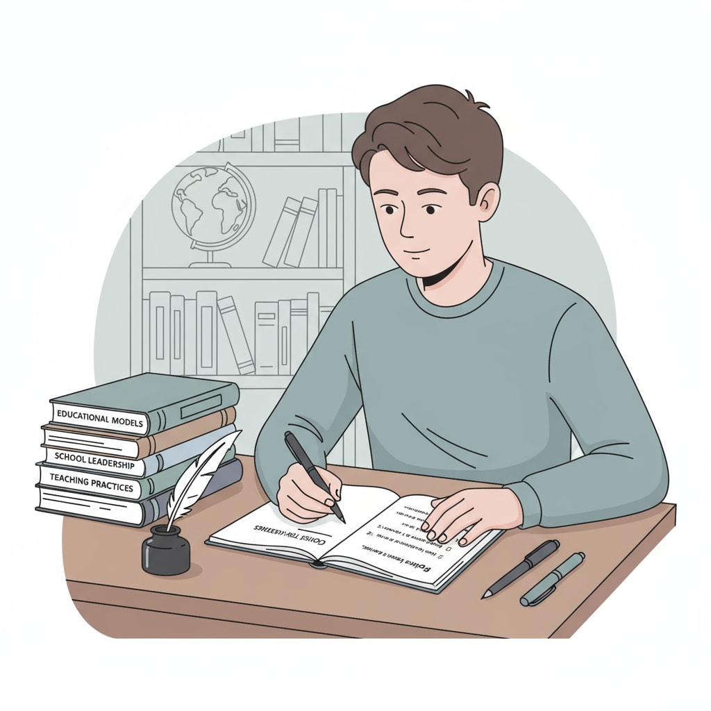 A parent sitting at a table, writing down a list of questions for a school visit. There are books about schools and a pen on the table. A parent preparing questions for a public school visit to aid in educational choices.