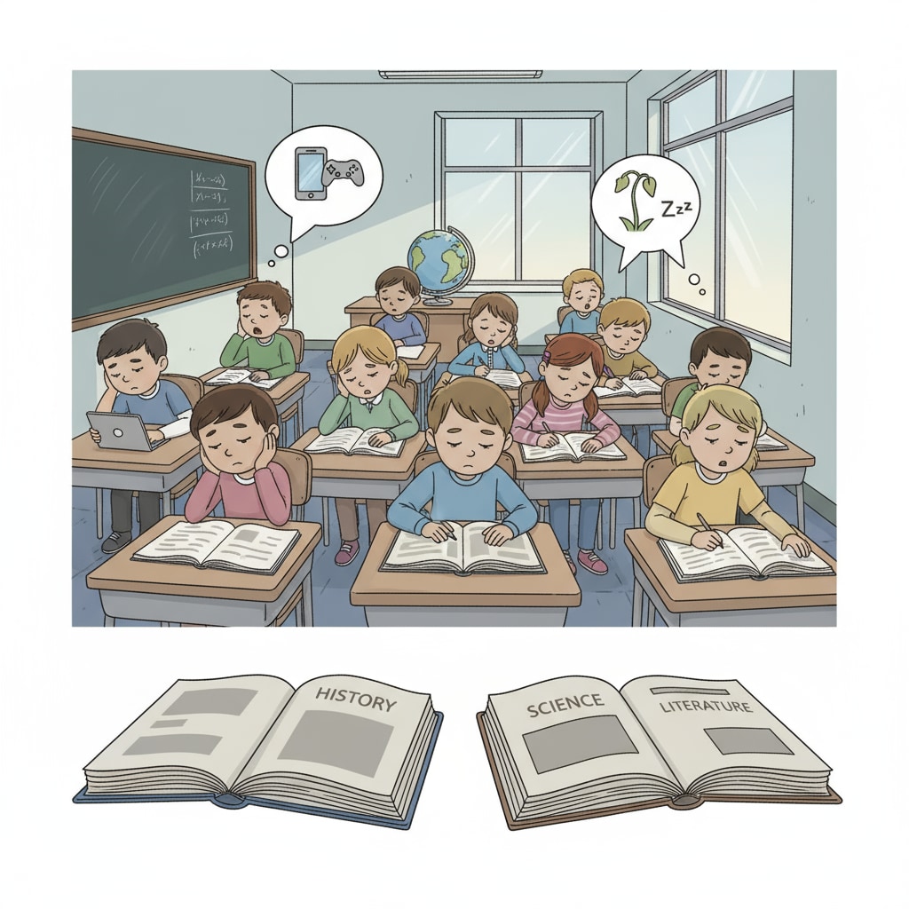 A classroom scene where students seem uninterested in the books in front of them, indicating a lack of enthusiasm for reading. Decline in teenagers' reading habits in a classroom setting