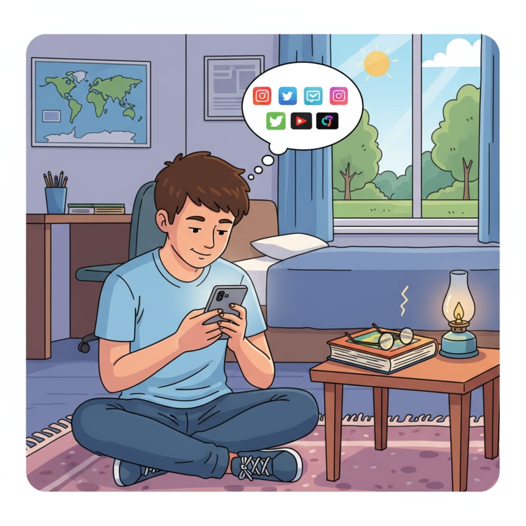 A teenager focused on their mobile phone, ignoring a book nearby, symbolizing the preference for digital media over reading. Teenager choosing digital media over reading a book