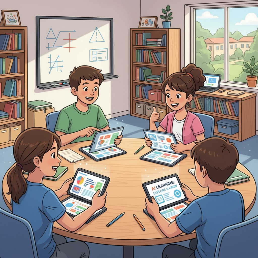 Students are seen smiling while reading educational content generated by AI on their tablets, showing their engagement. Students engaged with AI-generated educational bites on tablets