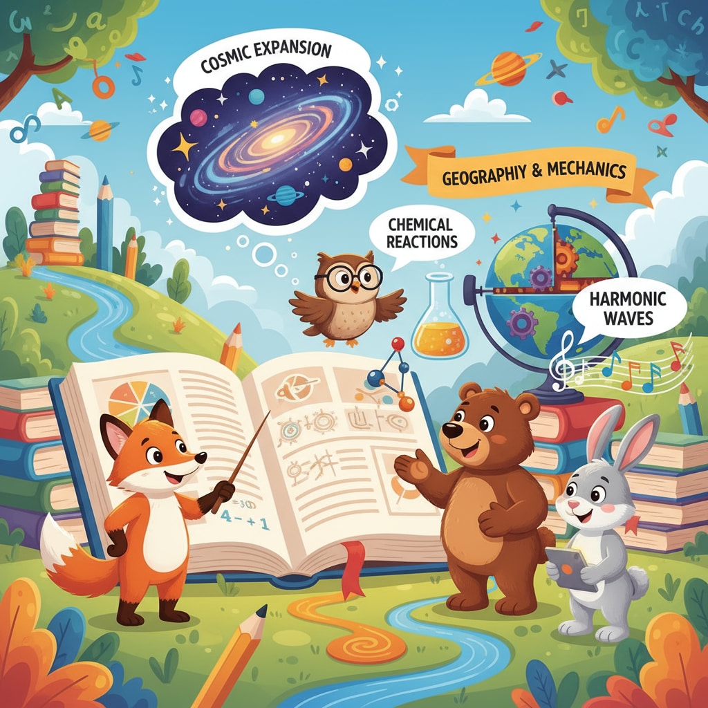 Animated characters are shown in a colorful setting, explaining educational concepts in a simple and engaging way, similar to AI Brain Bites. Animated explanation of educational concepts like in AI Brain Bites