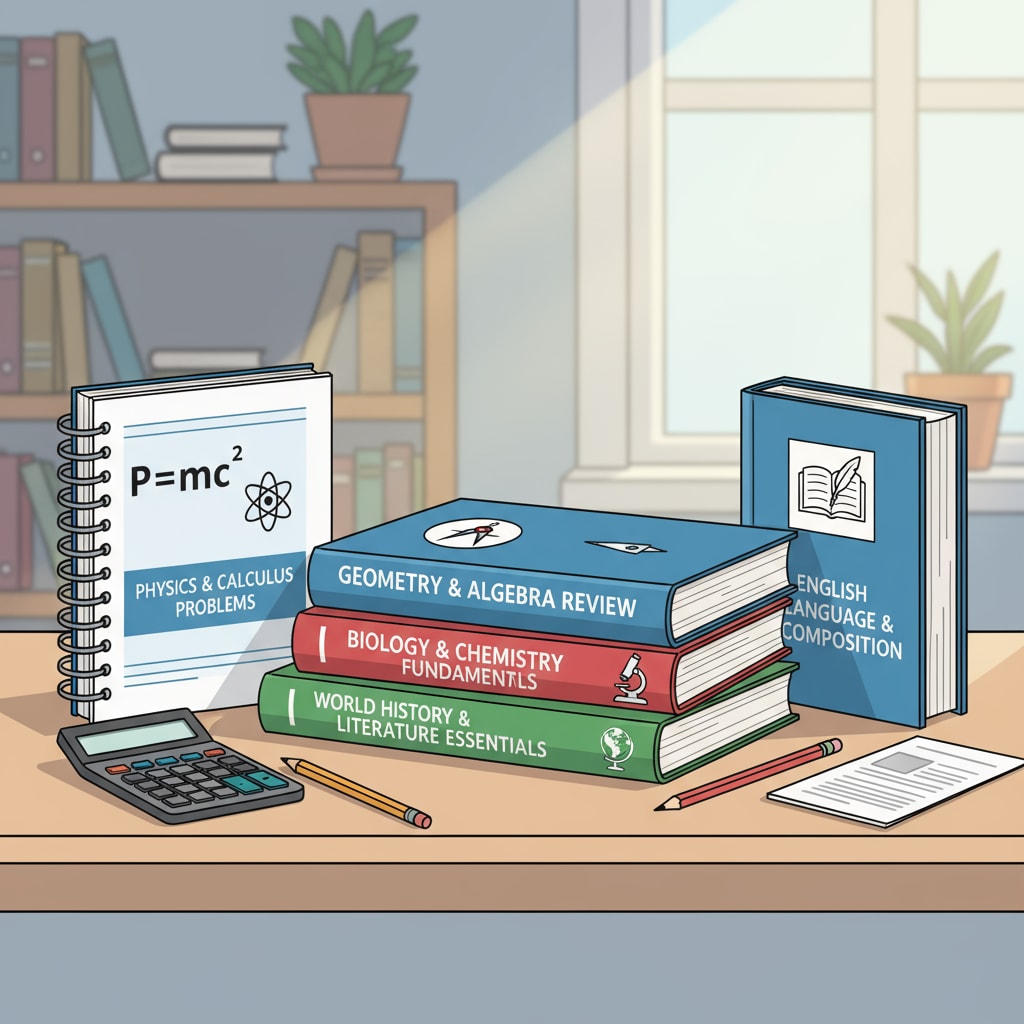 A collection of high school review workbooks neatly arranged on a study desk, showing different titles related to various subjects. High school review workbooks on a study desk for basic knowledge review, including algebra workbooks.