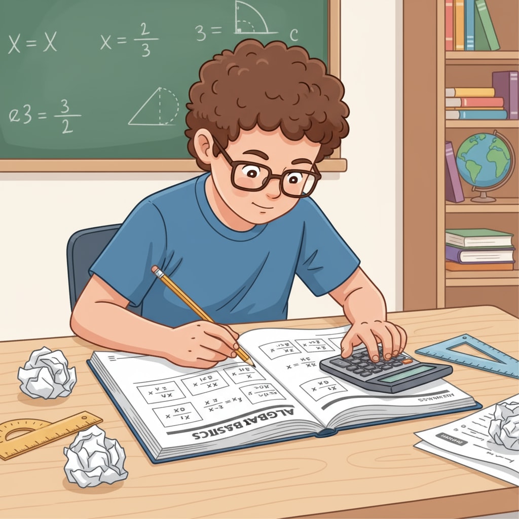 A student attentively working on an algebra workbook with a pencil and calculator, concentrating on solving equations. A student studying an algebra workbook to review high school basic knowledge.