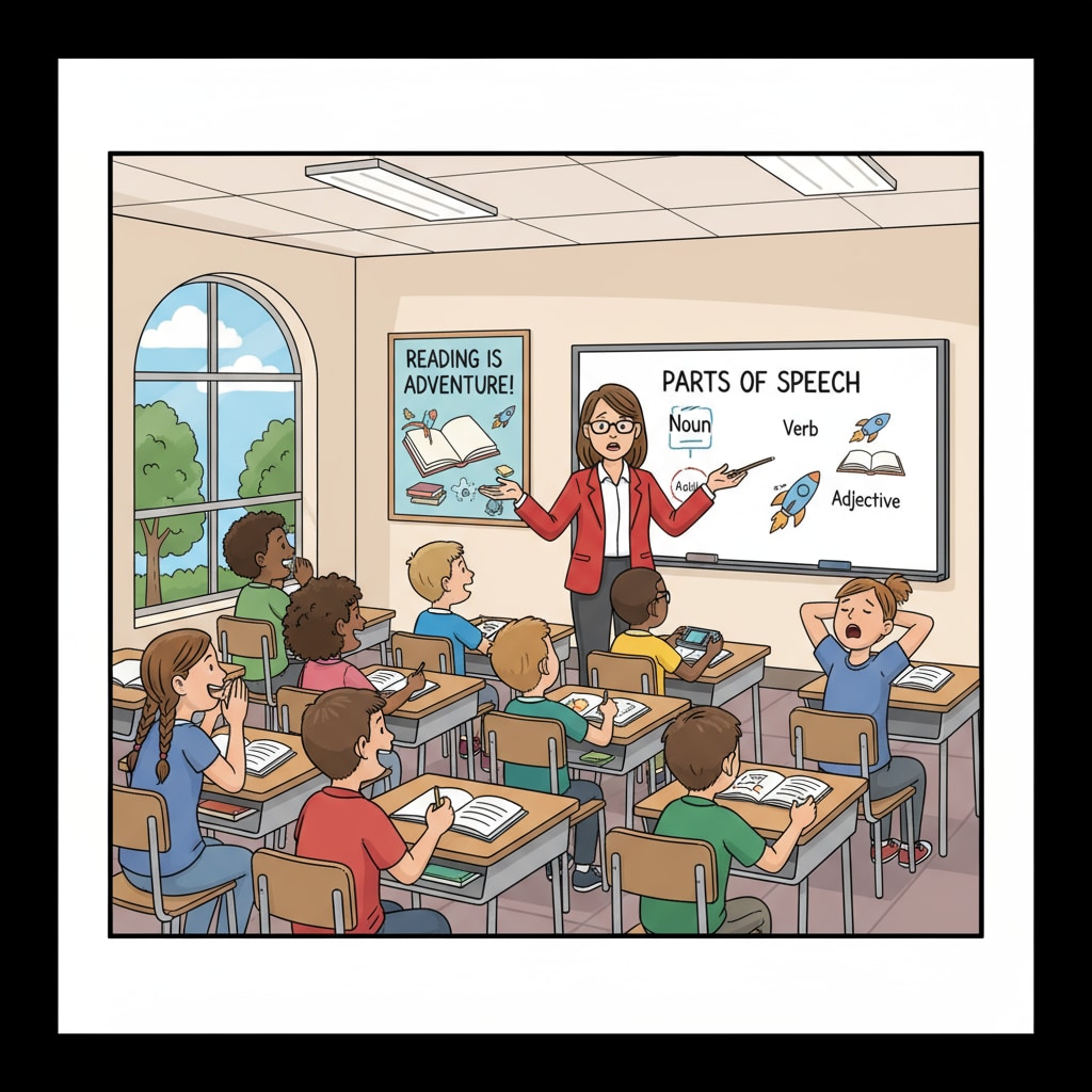 A middle school English classroom scene where students are not paying attention to the teacher's instructions, some are chatting and some are looking out of the window. Middle school English classroom with students not following instructions, showing teaching dilemmas and potential special educational needs.