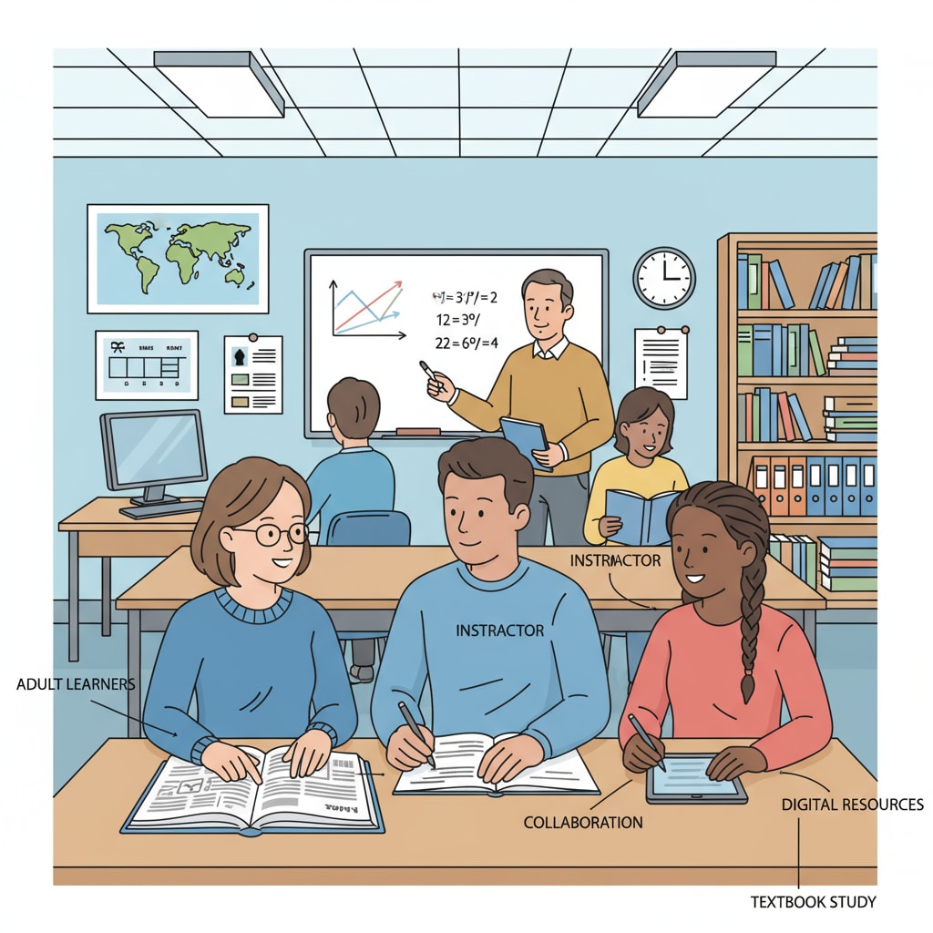 A classroom scene where adults are engaged in learning activities, symbolizing adult education in a traditional setting. Adults learning in a classroom for high school diploma through adult education using free resources