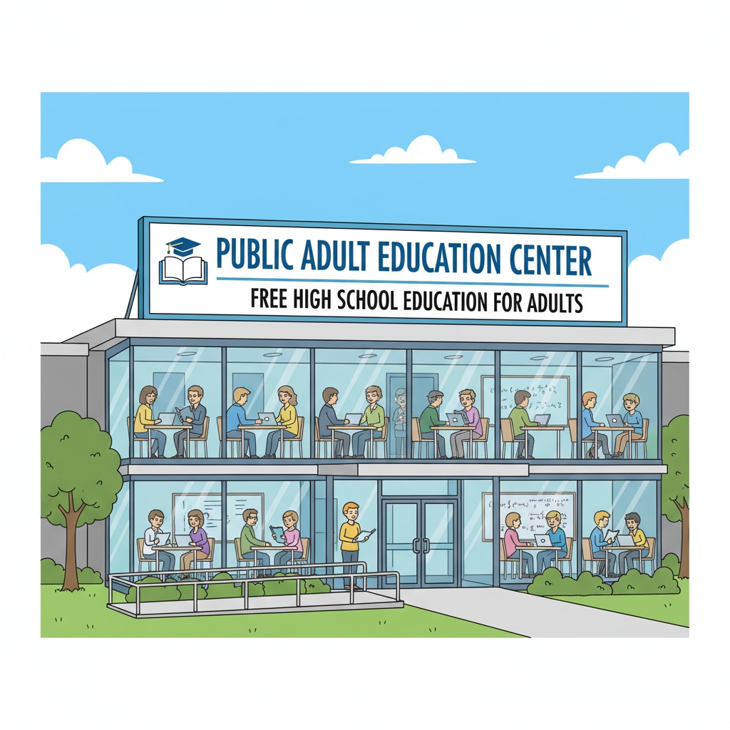 A modern building with a sign indicating it's a public adult education center, representing a place where free high school education for adults is available. Exterior of a public adult education center for adults seeking free high school diploma