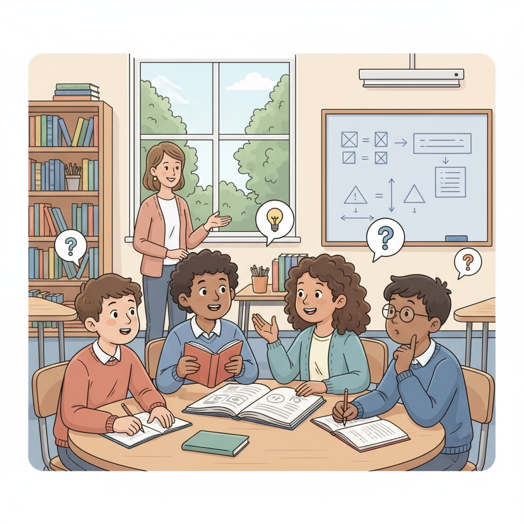 A group of students in a K12 classroom, actively engaged in learning activities, with books open and discussing ideas. K12 students actively learning, promoting education, lifelong learning, and success.