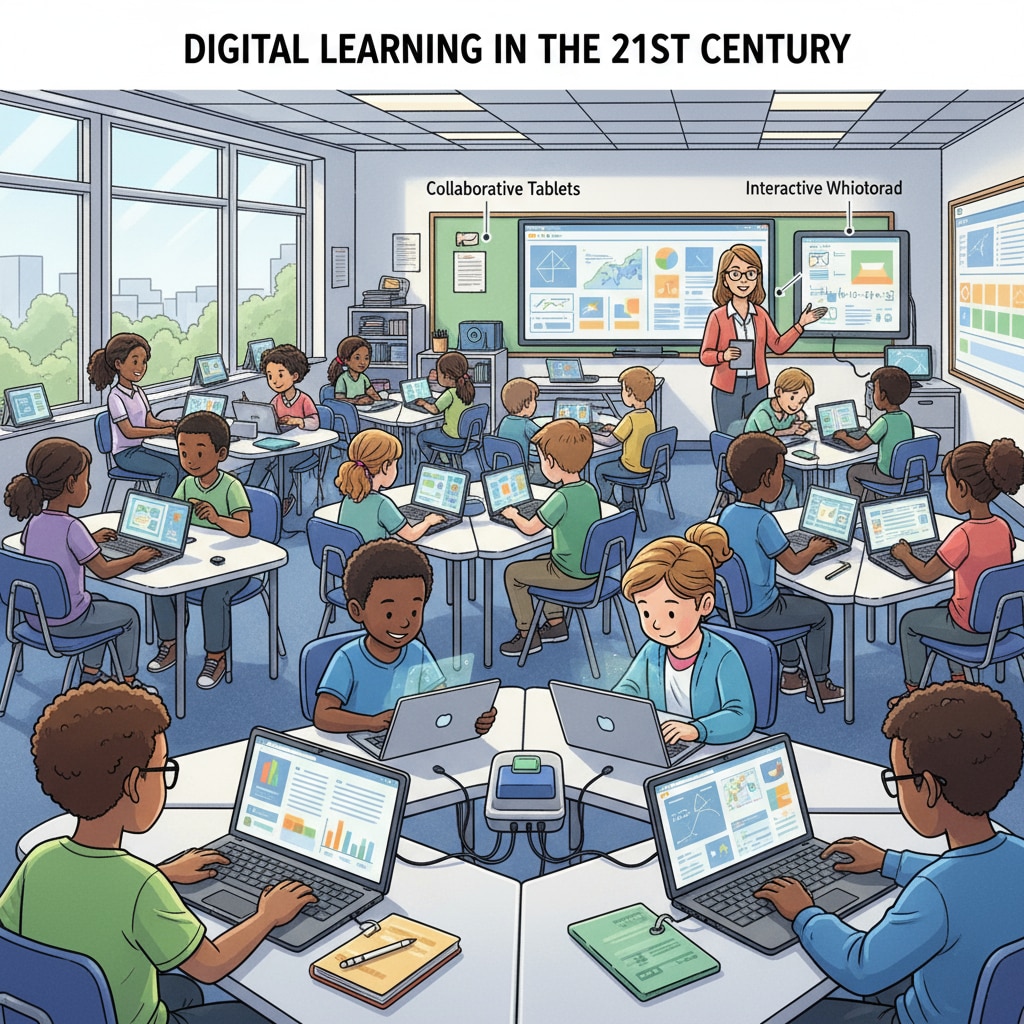 Students using digital devices in a modern K12 classroom, with laptops and tablets, indicating the integration of technology in education. K12 students using digital devices for learning, related to education, lifelong learning, and success.