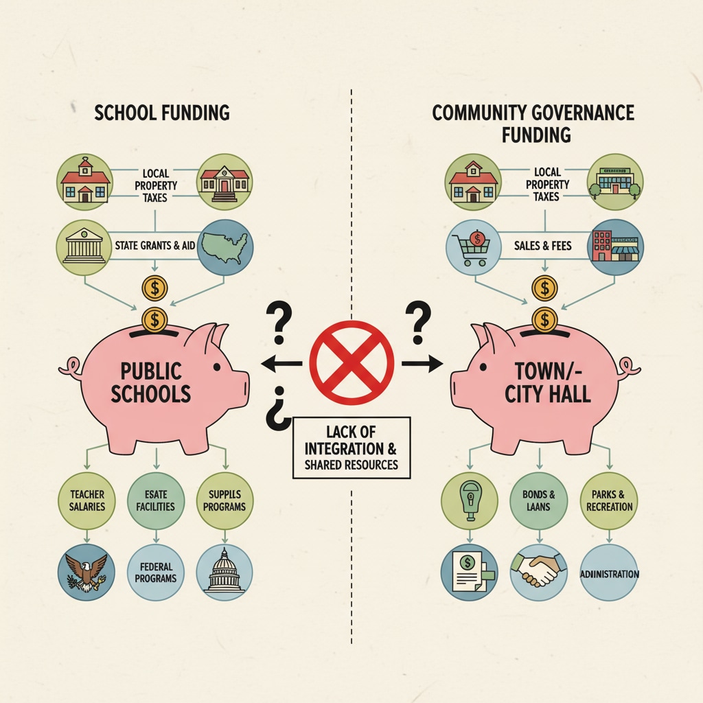 This graph presents the funding sources of schools and community governance institutions in a modern town, highlighting the differences and lack of integration. A graph showing the funding differences between schools and community governance in a modern town related to school independence, community separation, and youth programs