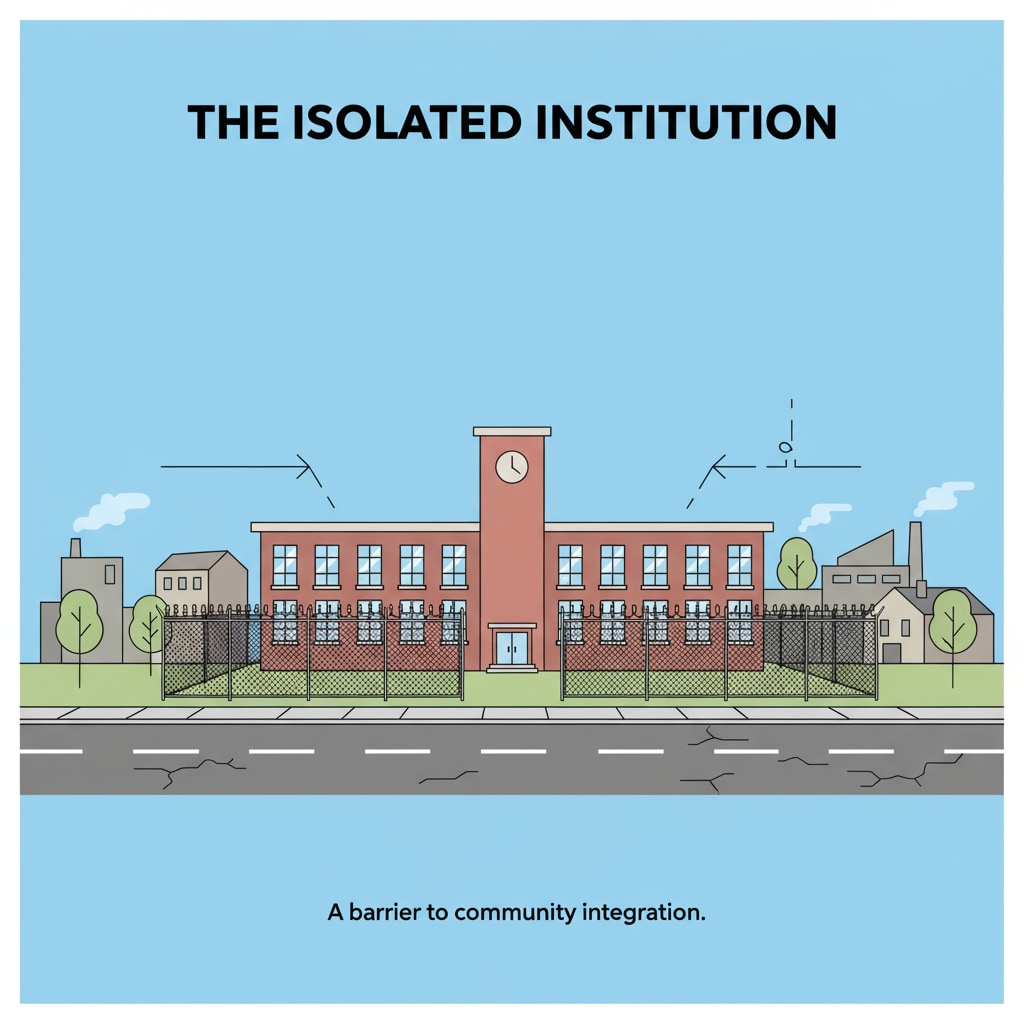 A solitary school building is depicted, with no signs of interaction or connection to the surrounding community, symbolizing the separation between schools and communities. A picture of a school isolated from the community, relevant to school independence, community separation, and youth programs