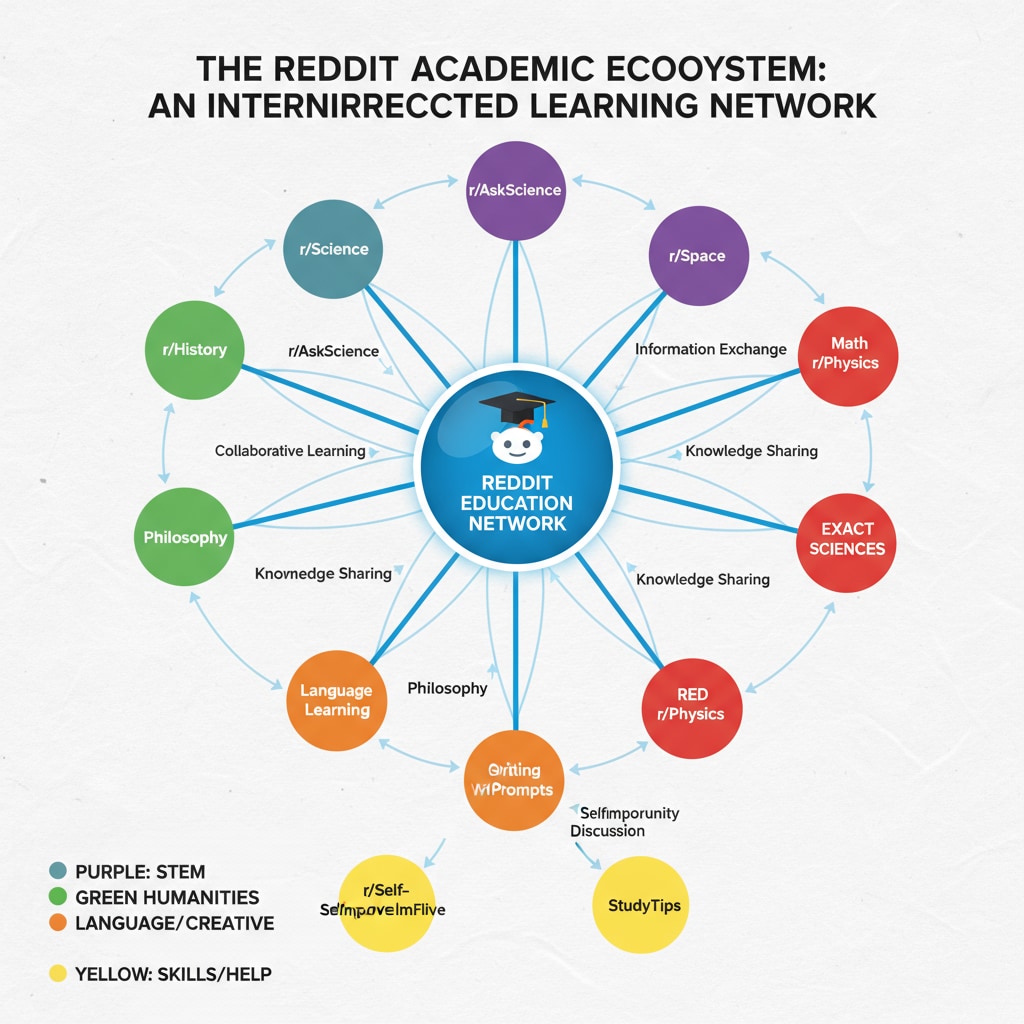 An illustration showing different subreddits within the Reddit education network connected by lines, representing the flow of information and interaction Illustration of the Reddit education network with connected subreddits