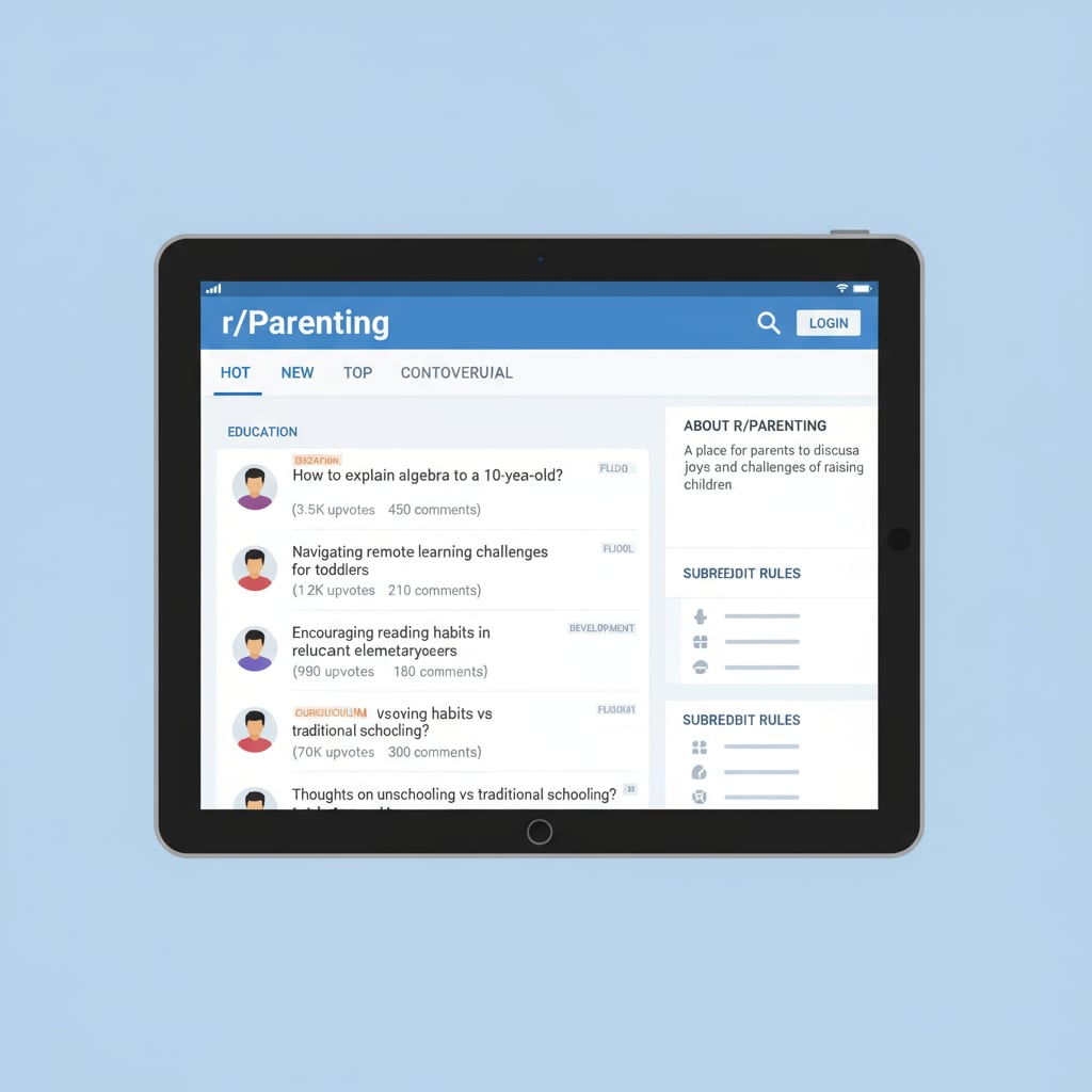 A screenshot of the r/Parenting subreddit page, showing various threads related to children's education Screenshot of the r/Parenting subreddit with education-related threads
