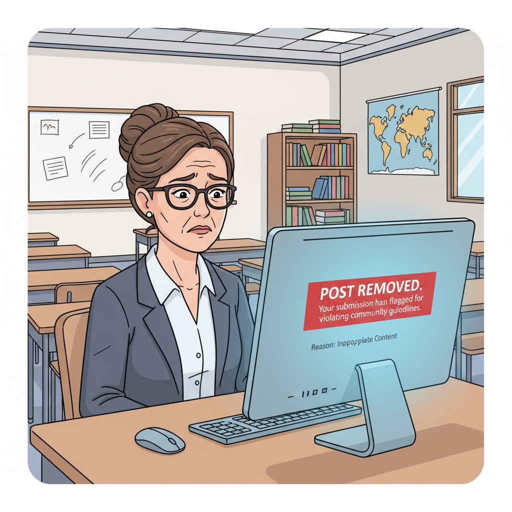 A teacher showing a disappointed expression while looking at a computer screen displaying a notice of post removal. Teacher frustrated with post removal without explanation in an educational forum