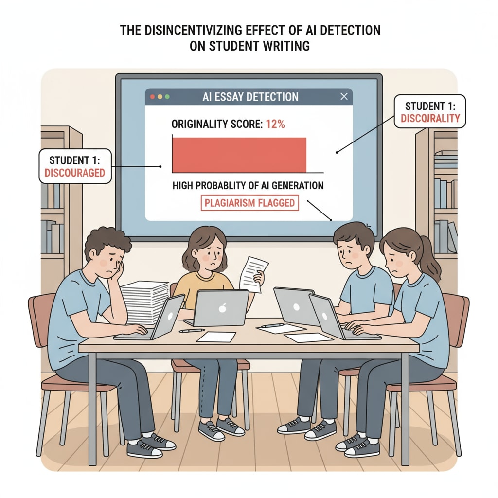 A visual representation of a group of high school students looking discouraged while writing essays, with a computer screen showing an AI detection tool interface in the background. This image depicts the negative impact of AI detection tools on students' writing enthusiasm. High school students discouraged by AI detection in creative writing