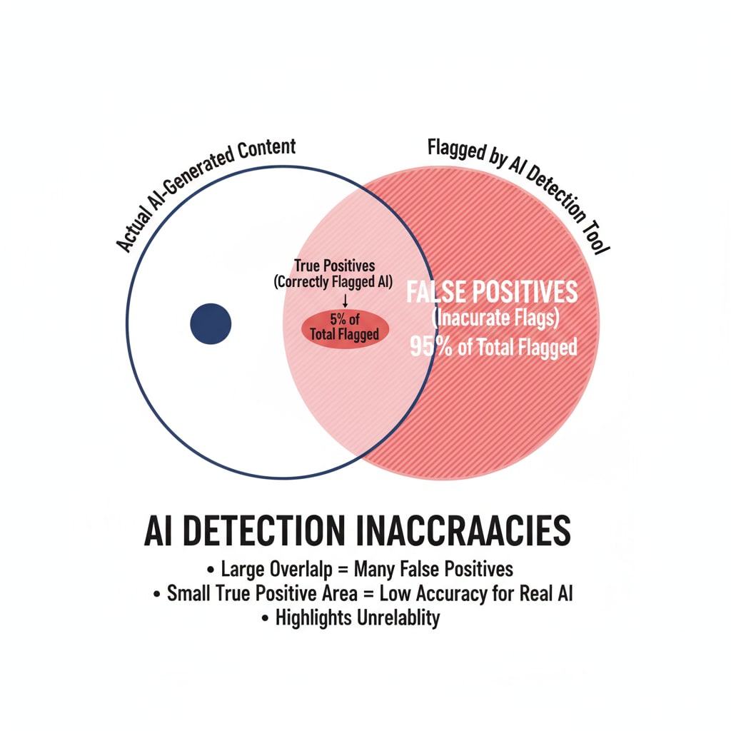 A graph presenting the high percentage of false positives in AI detection tools, highlighting the inaccuracies of these tools. Graph showing false positives in AI detection for creative writing