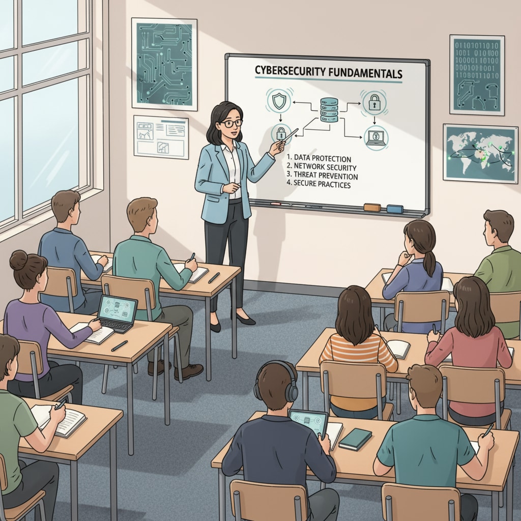 A classroom scene where students are listening intently as the teacher uses visual aids to explain cybersecurity concepts on a whiteboard. K12 students learning cybersecurity through effective teaching methods