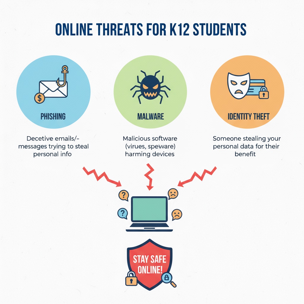 A graphical illustration depicting various online threats such as phishing, malware, and identity theft that K12 students might face. Illustration of online threats relevant to K12 cybersecurity education