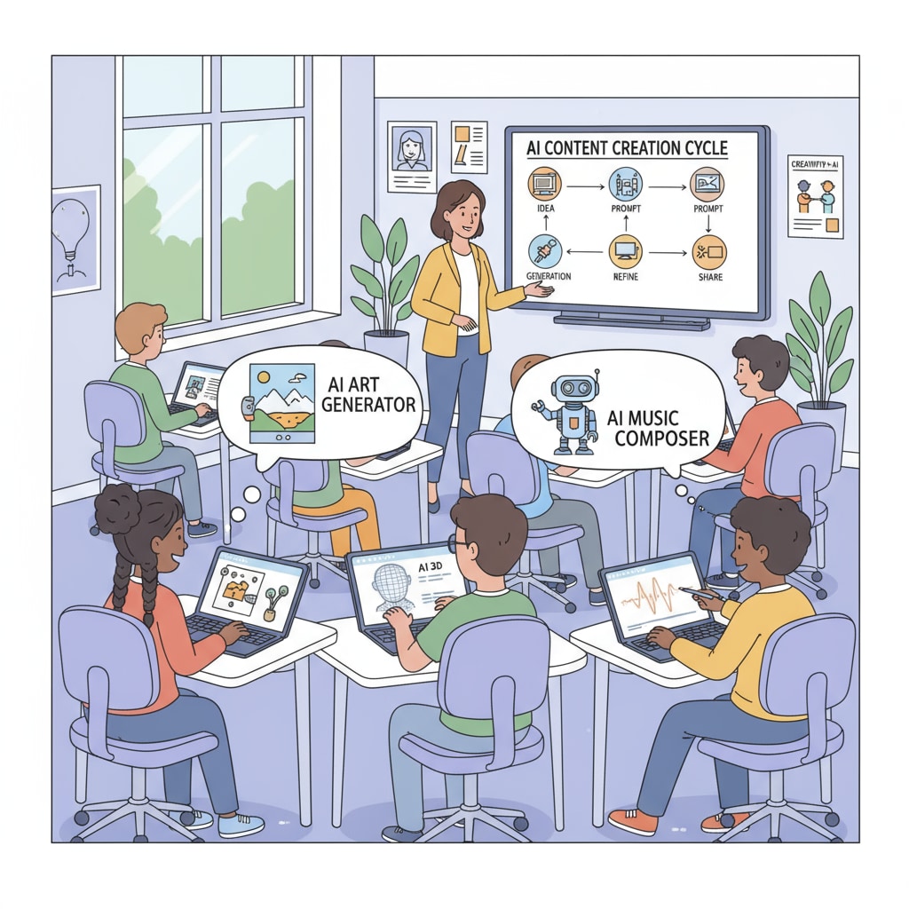 A classroom scene where students are using digital devices, which may be related to AI-generated content creation. Students using digital devices potentially involving AI-generated content in a classroom