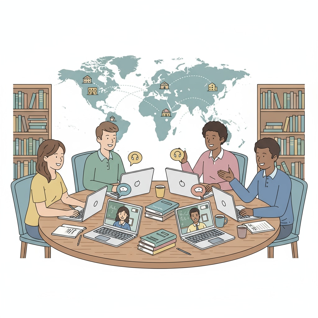 A group of university students sitting around a table, engaged in virtual interviews with urban educators on laptops. University students conducting virtual interviews with urban educators as part of a university project.