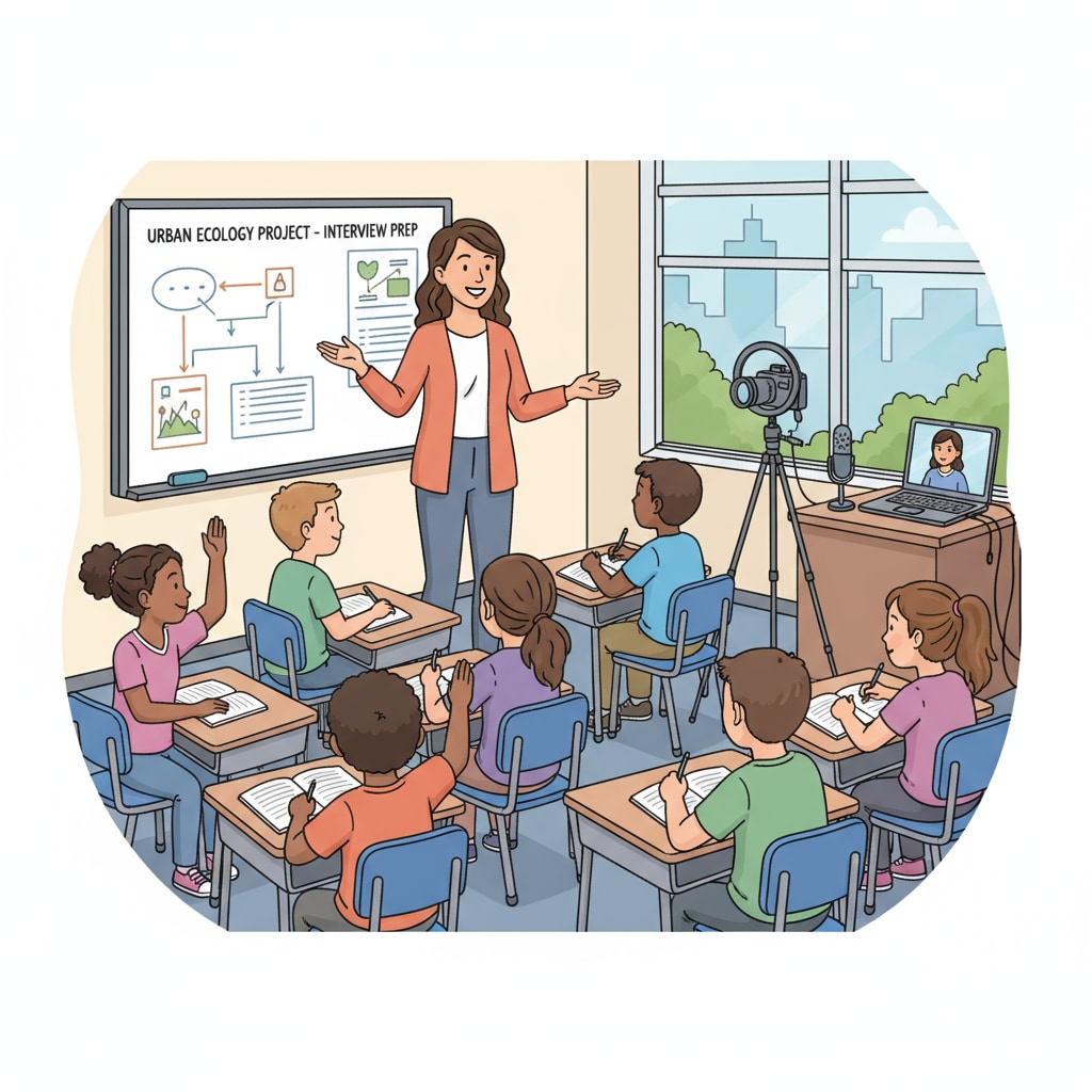 An urban classroom filled with students, and an educator interacting with them while a virtual interview setup is visible in the corner. An urban educator interacting with students while a virtual interview setup is present, highlighting the connection between urban education and virtual interviews.