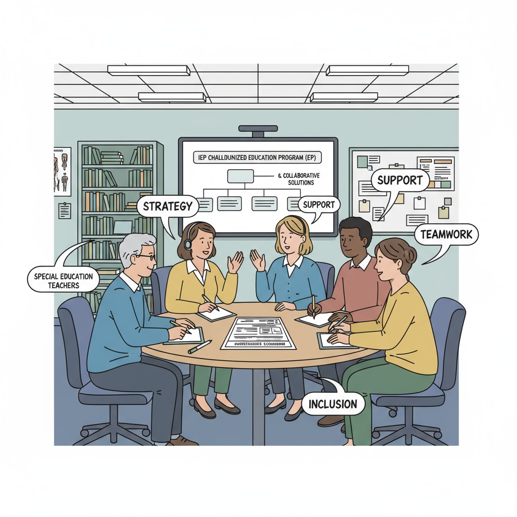 A group of special education teachers gathered around a table, discussing an IEP document, highlighting the collaborative aspect of dealing with IEP challenges. Special education teachers discussing an IEP document to overcome understanding difficulties