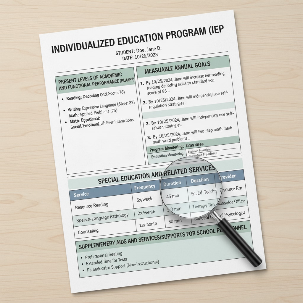 A page of an IEP document filled with various technical terms and sections, showing the complexity of IEP documentation. An IEP document page with complex terms presenting understanding difficulties in special education