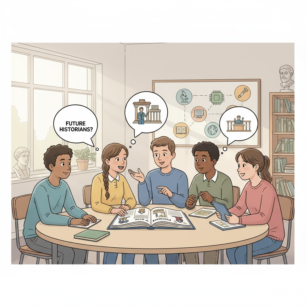 A group of high school students are engaged in a discussion about their future careers in a classroom setting, with some showing interest in teaching history. High school students discussing teacher career planning for history teachers during college application.