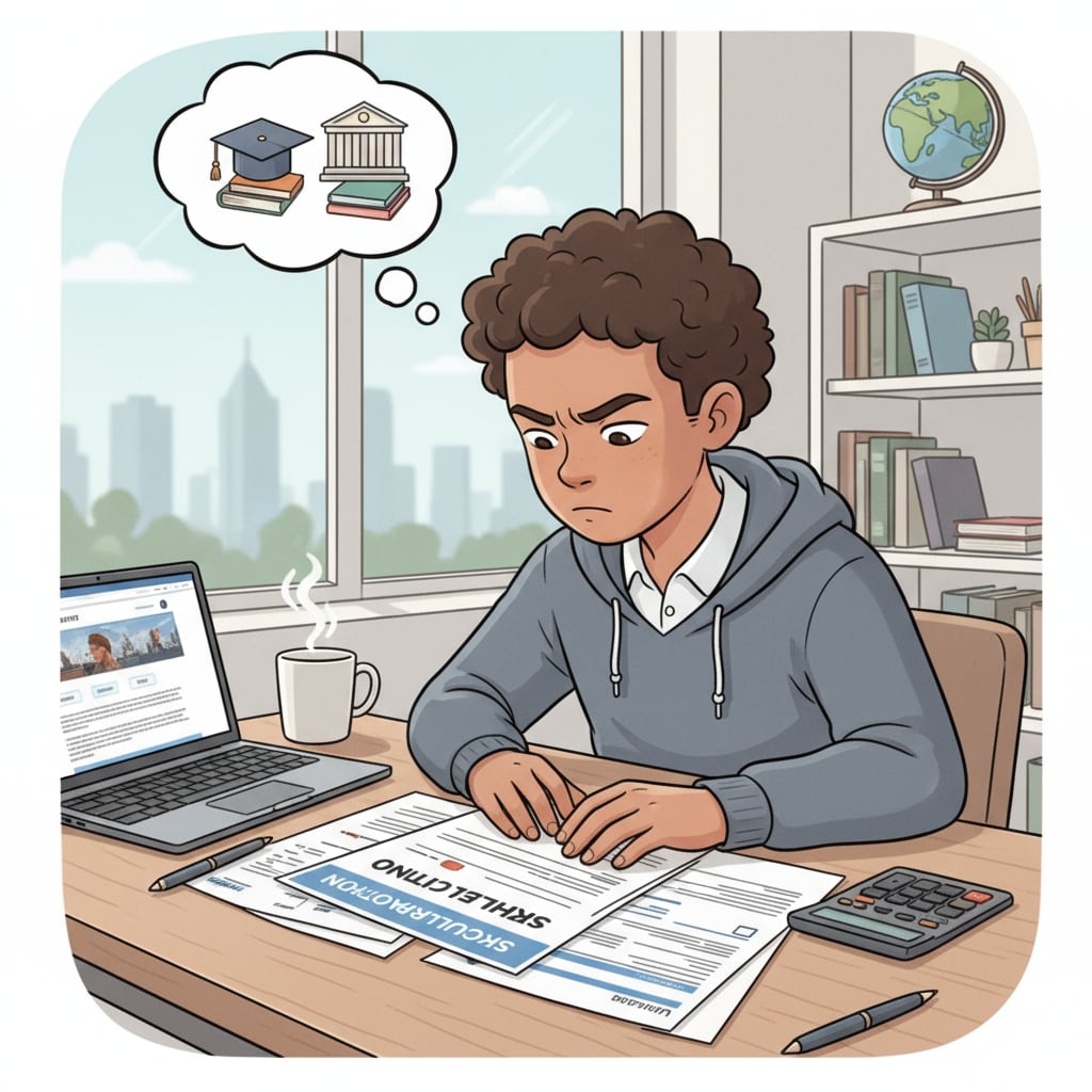 A student is sitting at a desk, looking intently at scholarship application forms, with a determined expression. Student exploring scholarship opportunities for a career as a history teacher during college application.